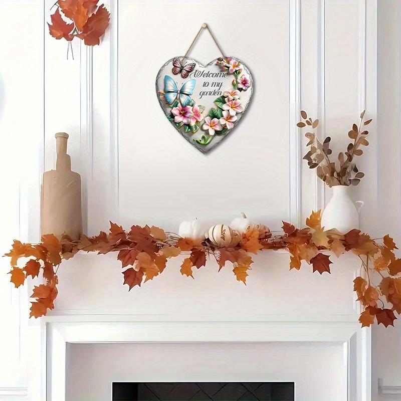 Wooden Welcome Sign with Heart-shaped - Rustic Decorative Plaque with Butterflies & Flowers Pattern - Ideal for Lawn, Cottage Decorations