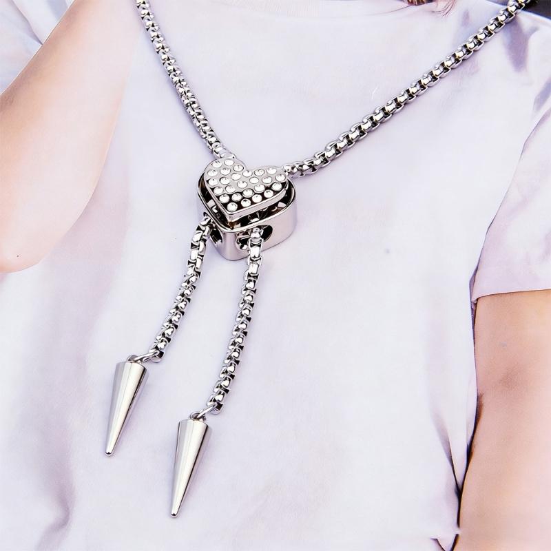 Elegant Heart Shaped Neckwear Rhinestones Accented Unisex Stainless Steel Necklace Slidable for Gifting and Daily Use