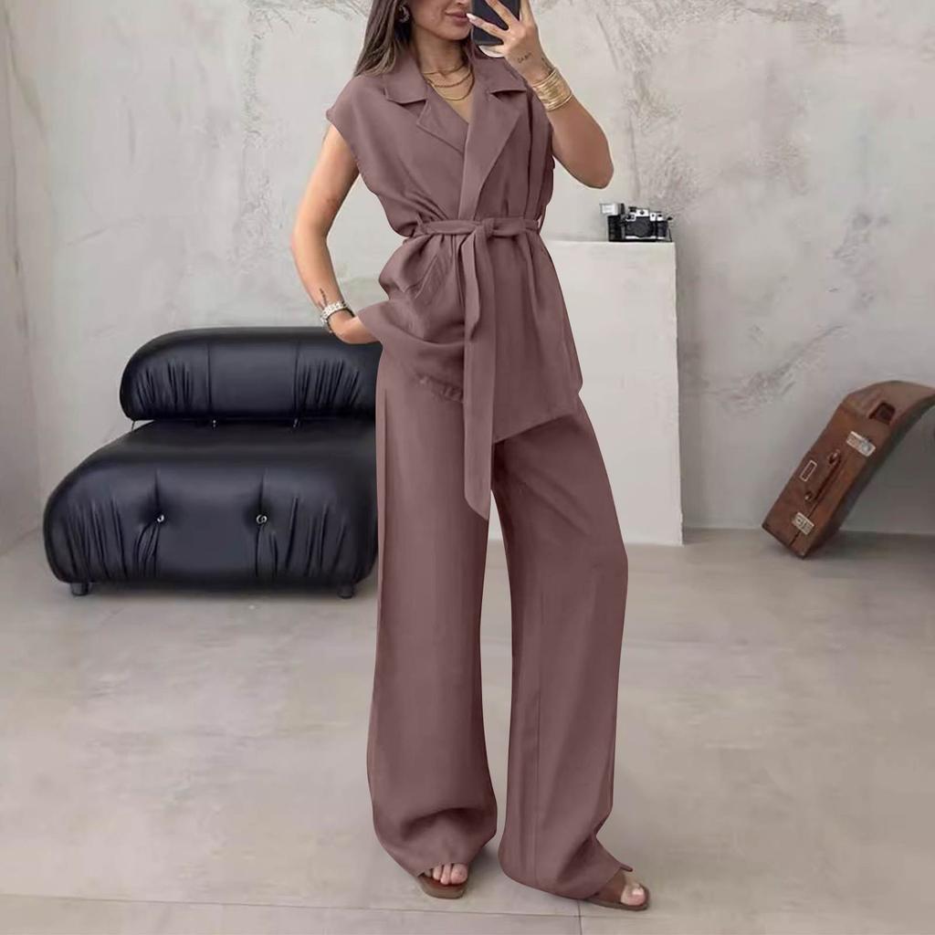 Women's 2-Piece Fashionable Casual Sleeveless Tie Front Cardigan And Pants Set