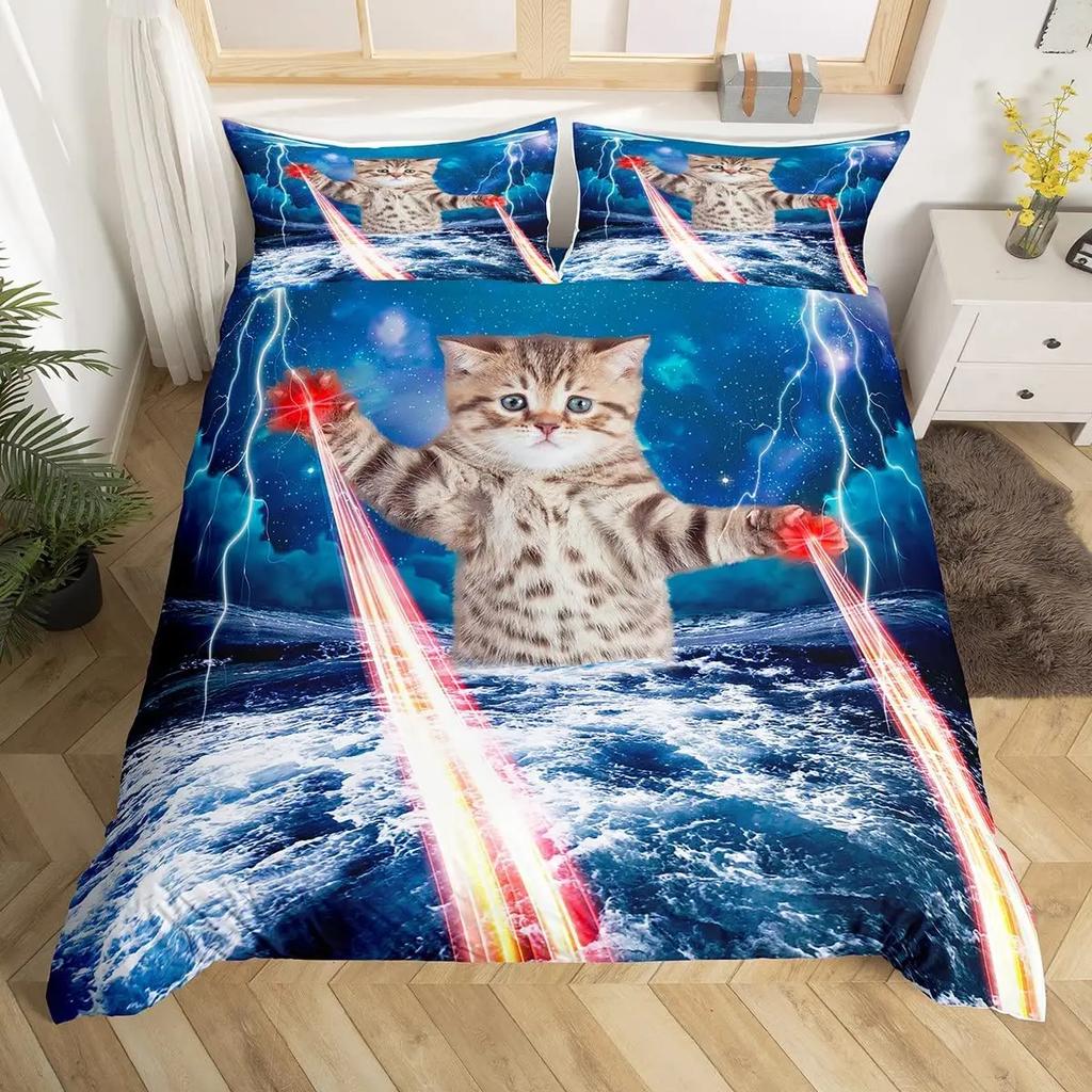 Cat Duvet Cover Set Watercolor Whale Fishing Bedding Set Ocean Sea Wave Comforter Cover Marine Nautical Themed Bedspread Cover