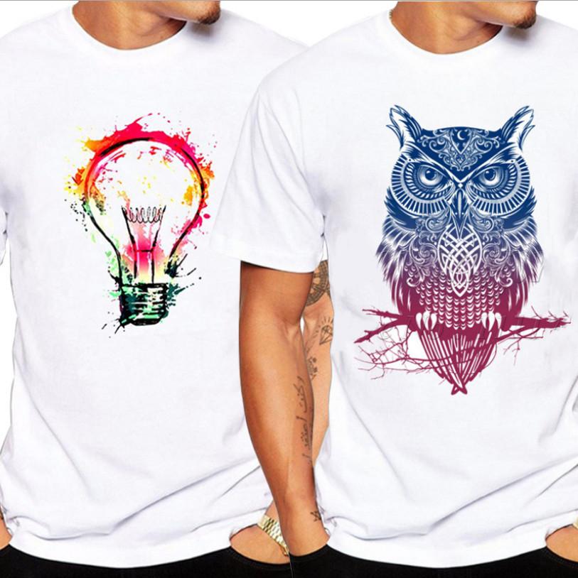 Owl Light Bulb Skull Pattern T Shirt For Men Casual Short Sleeve Printed Fabric Youth Wear