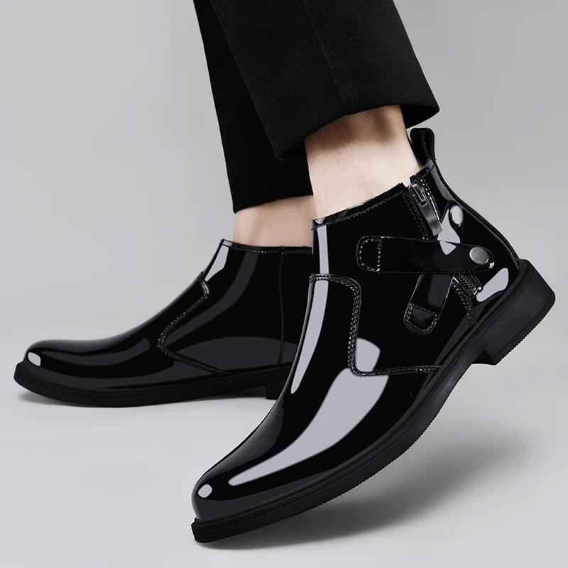 Fashion Winter Plush Ankle Boot Business Mirror Leather Chelsea Men's Boots Genuine Leather Wedding High Top Leather Shoes Cowboy Boots