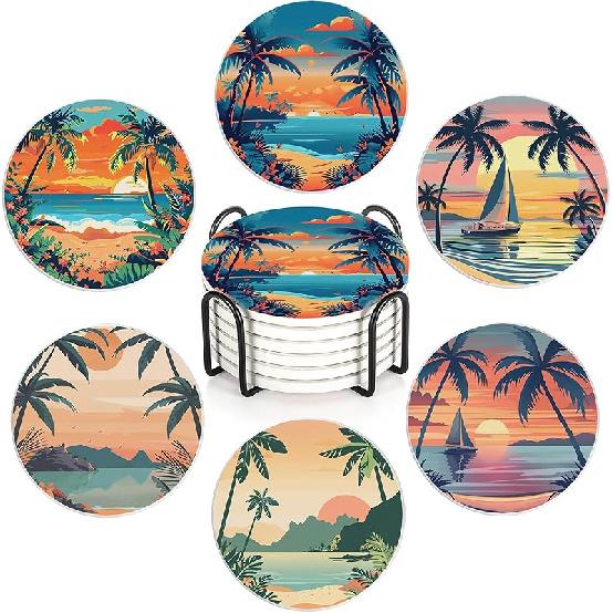 Drink Coasters Set of 6 with Holder, Cute Cats Absorbent Ceramic Coasters with Cork Base,Fit All Cups,Great Gift for Housewarming,Room