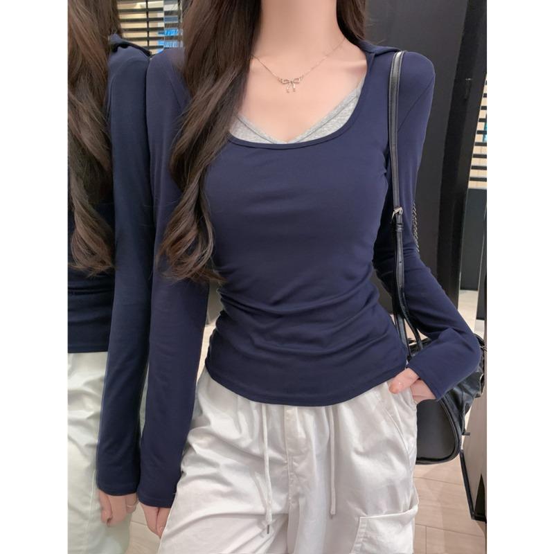 

The real shot is fake two long-sleeved T-shirts, women s slim-fitting short bottoming shirt and top. XL темно-синий