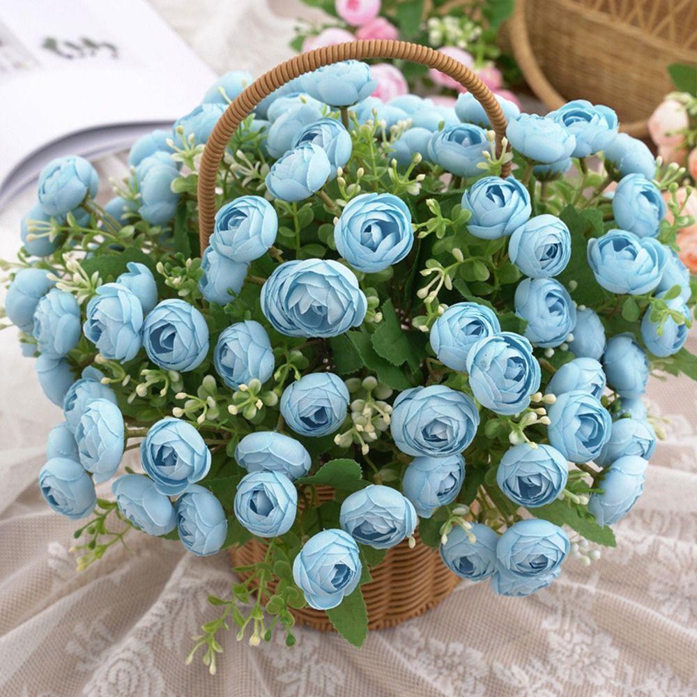 15 Heads Tea Rose Artificial Flower Green Leaves Multicolor Simulation Rose Flower Silk Petals Floral Arrangement Faux Flower