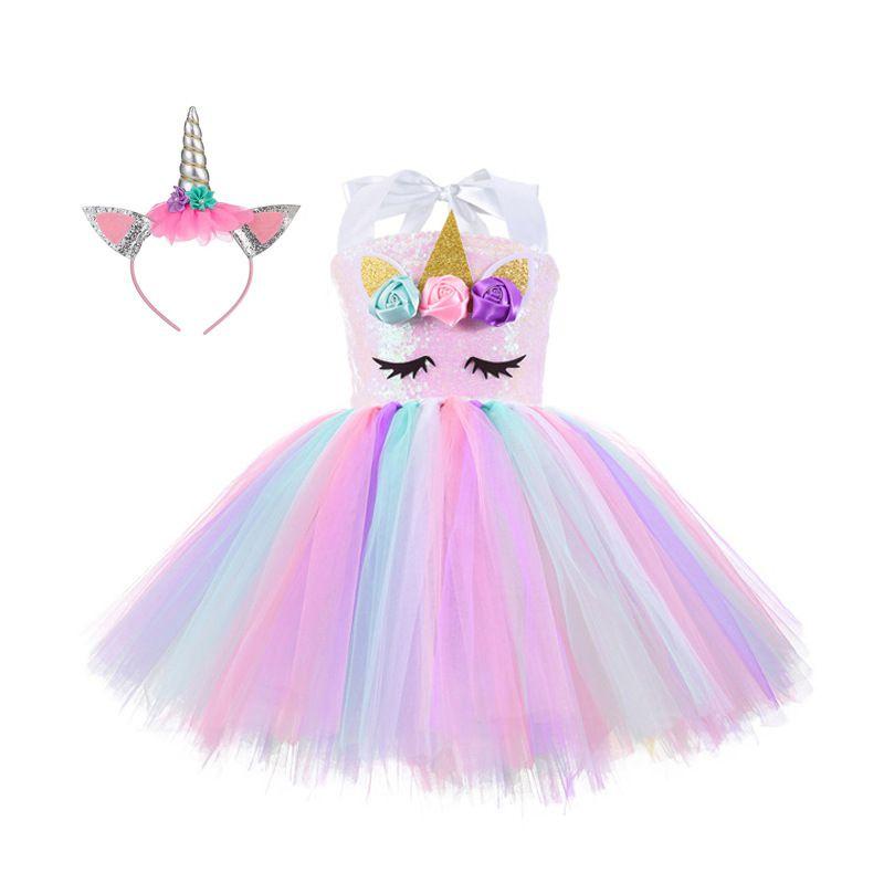Unicorn Cosplay Girls Dress With Rainbow Pattern For Halloween Party