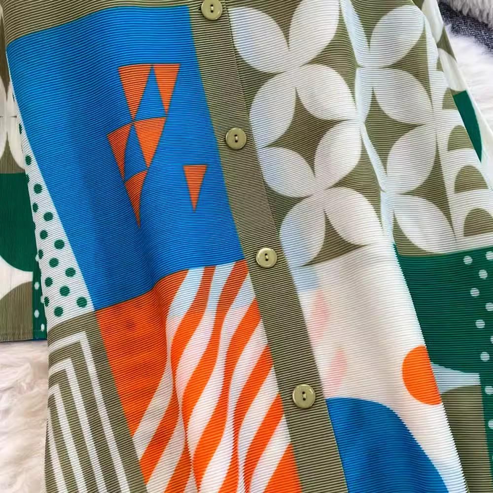 Autumn Spring Fashion Print Colorblock Oversized Loose Shirt Dresses Women's Single Breasted Draped Pleated Party Miyake Clothing