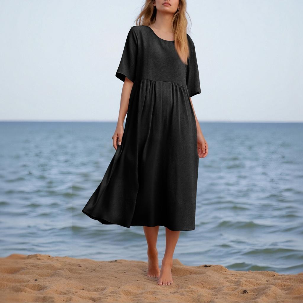 Dámské módní bavlněné a lněné jednobarevné šaty s kulatým výstřihem a polovičním rukávem, ležérní volné dlouhé šaty