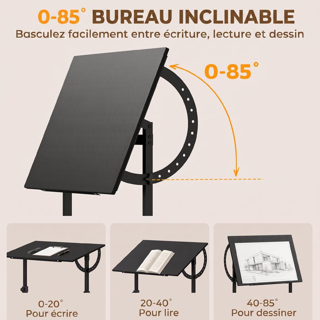 Tiltable Drafting Table, 0-85 Degrees, Height-Adjustable, Non-Slip Edge, Steel Frame, Black