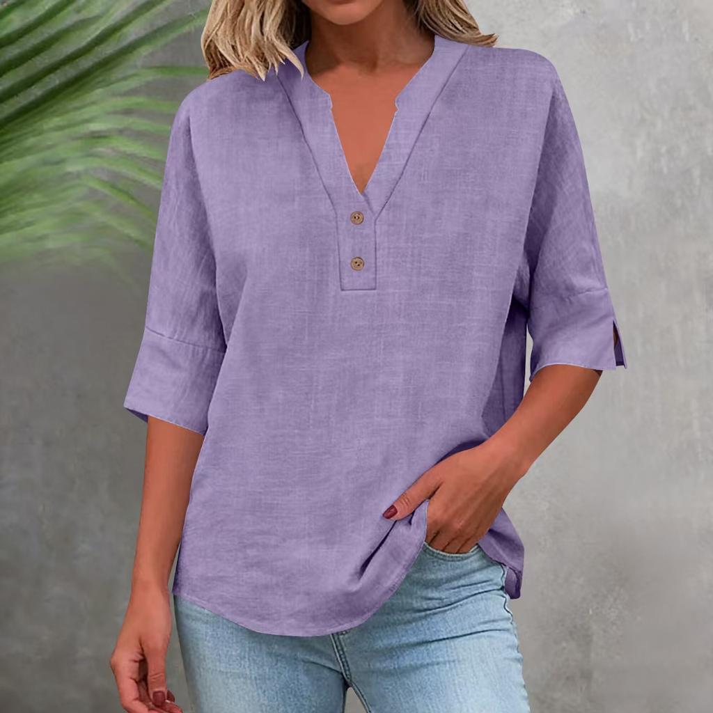 3/4 Sleeve Linen Tops For Women Loose Fit V Neck Button Down Shirts Cute Solid Summer Beach Tee Shirts