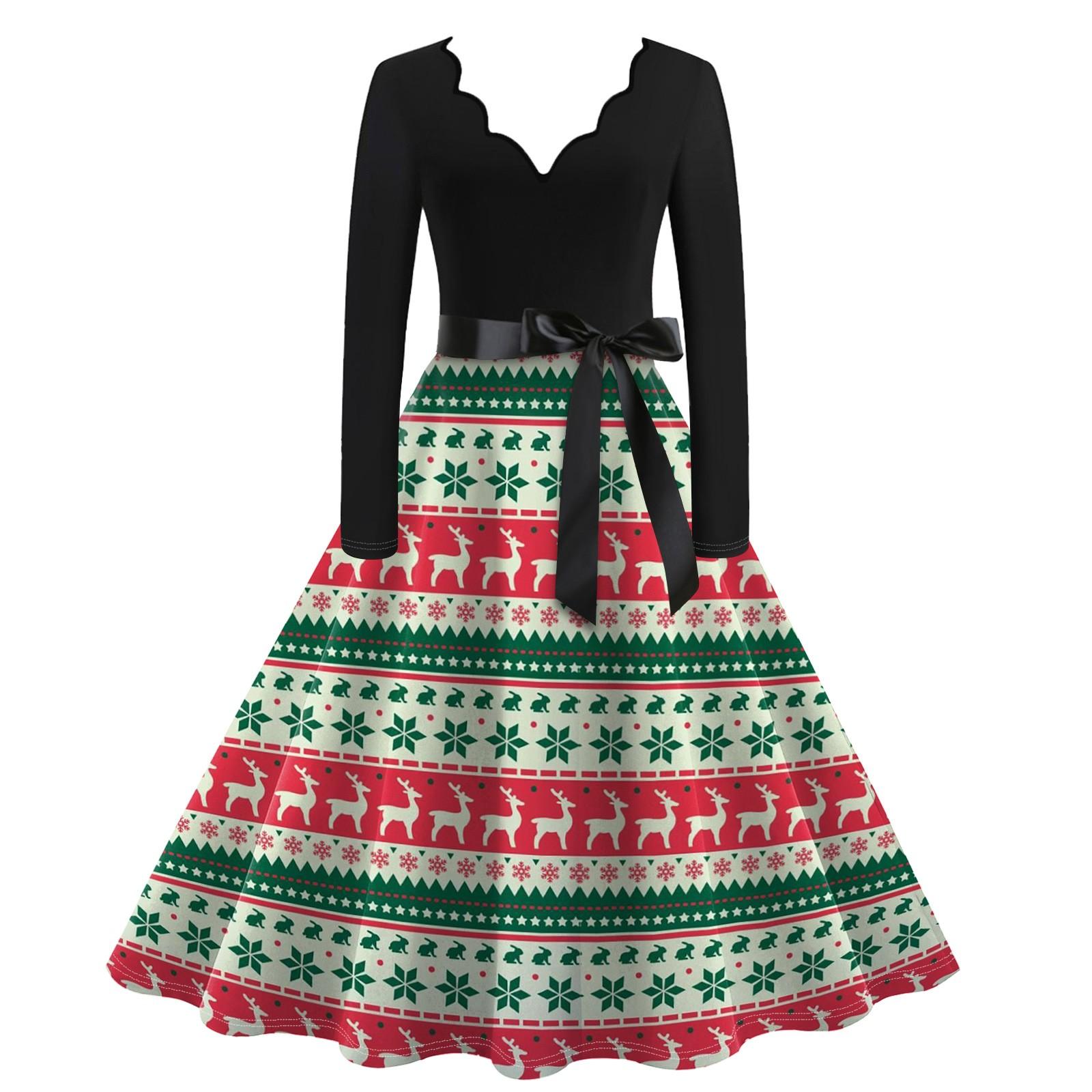 Женское повседневное модное винтажное платье с V-образным вырезом и длинным рукавом — фото 10