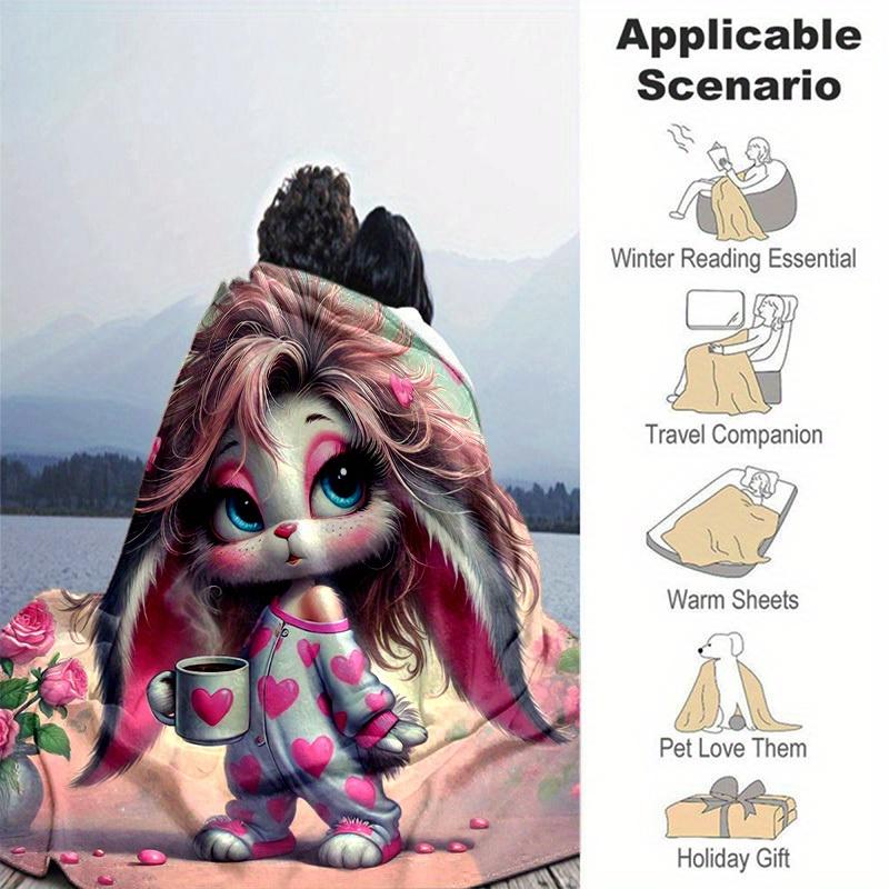 1pc Adorable Bunny with Heart Print Blanket - Perfect for Home, Office, Outdoor Use, Gift Idea,
