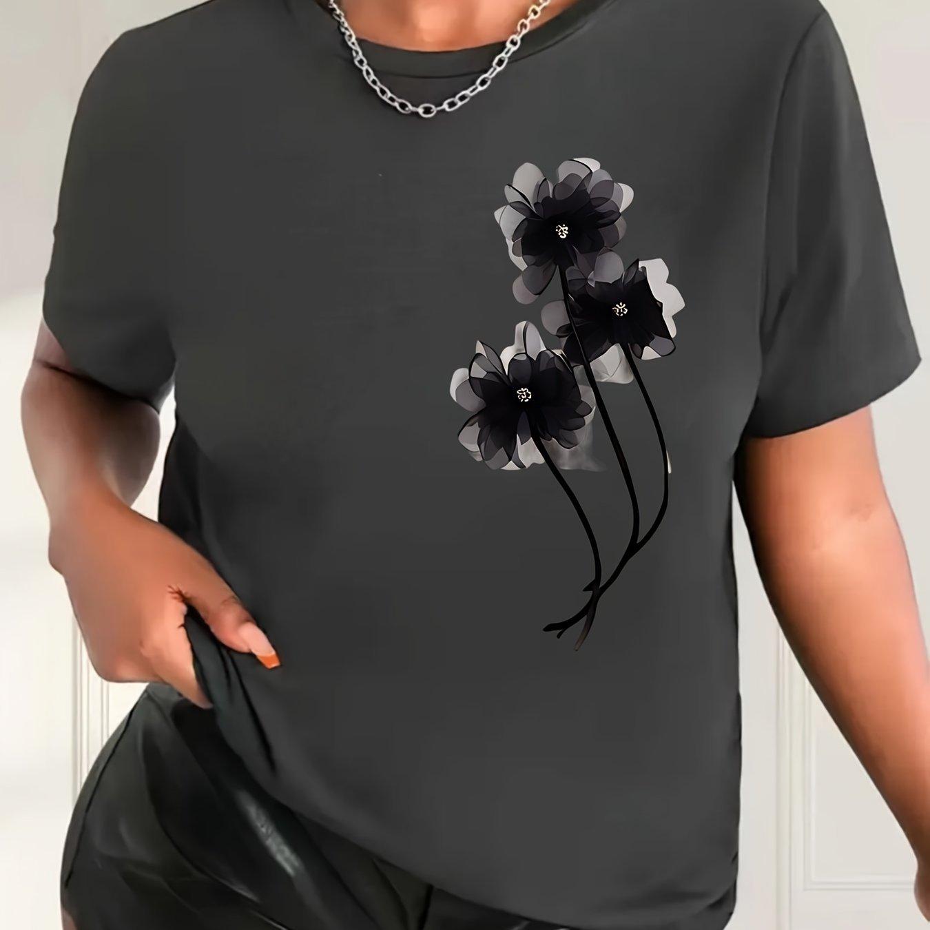 

Летний топ с круглым вырезом и цветочным принтом, модный повседневный, из чистого хлопка, с короткими рукавами, женские футболки 3XL