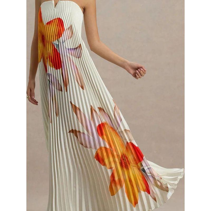 Fashion Export Print Tube Top Loose Heavy Industry Pleated Long Vacation Photo Maxi Dress Female