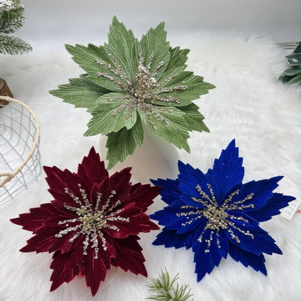 DIY Artificial Poinsettia Flower 24CM Sequins Flower Christmas Glitter Flower Christmas Decor