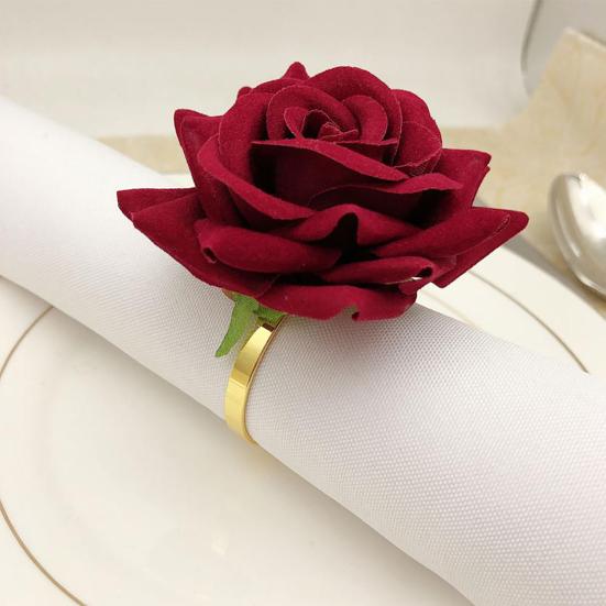 6Pcs Red Rose Shape Ring Wedding Towel Buckle Napkin Party Hotel Table Decor