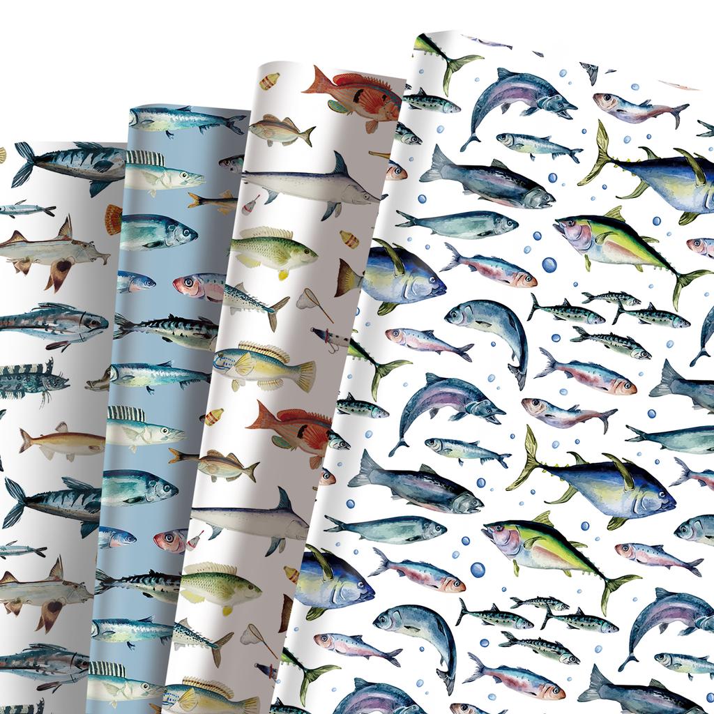 12 Sheets Fishing Theme Gift Wrapping Paper Vintage Ocean Deep Sea Fish Pattern Birthday Baby Shower Party Decor DIY Craft Paper