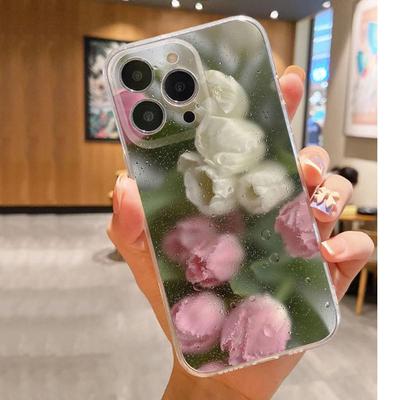 Práškově bílý tulipánový nárazuvzdorný průhledný kryt pro iPhone 14/15/16/17 Pro Max
