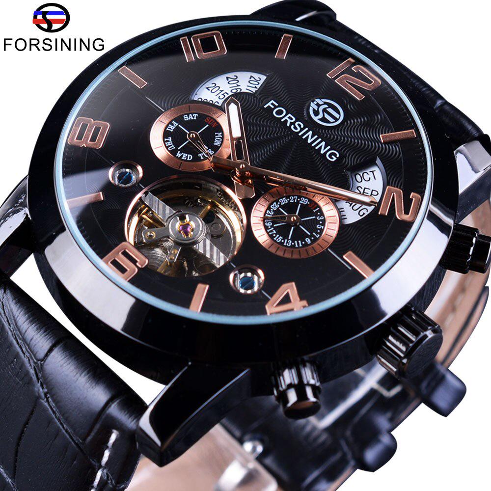 Forsining Herren-Luxus-Tourbillon, automatische mechanische Uhr, Wellendesign, Datumsanzeige, leuchtende Zeiger, wasserdicht, modische Armbanduhr Case Diameter 4.6 cm rose gold