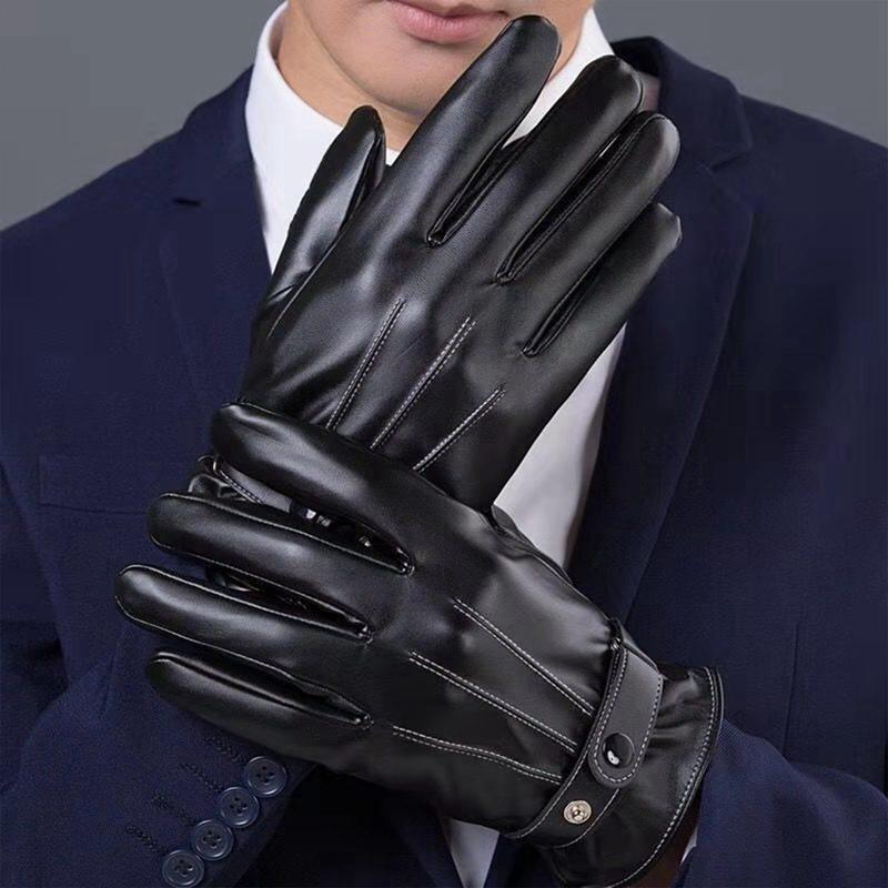 Waterproof PU Leather Winter Gloves for Men Outdoor Cycling Black Inner Layer of Thin Fleece Keep Warm Driving Motorcycle Gloves
