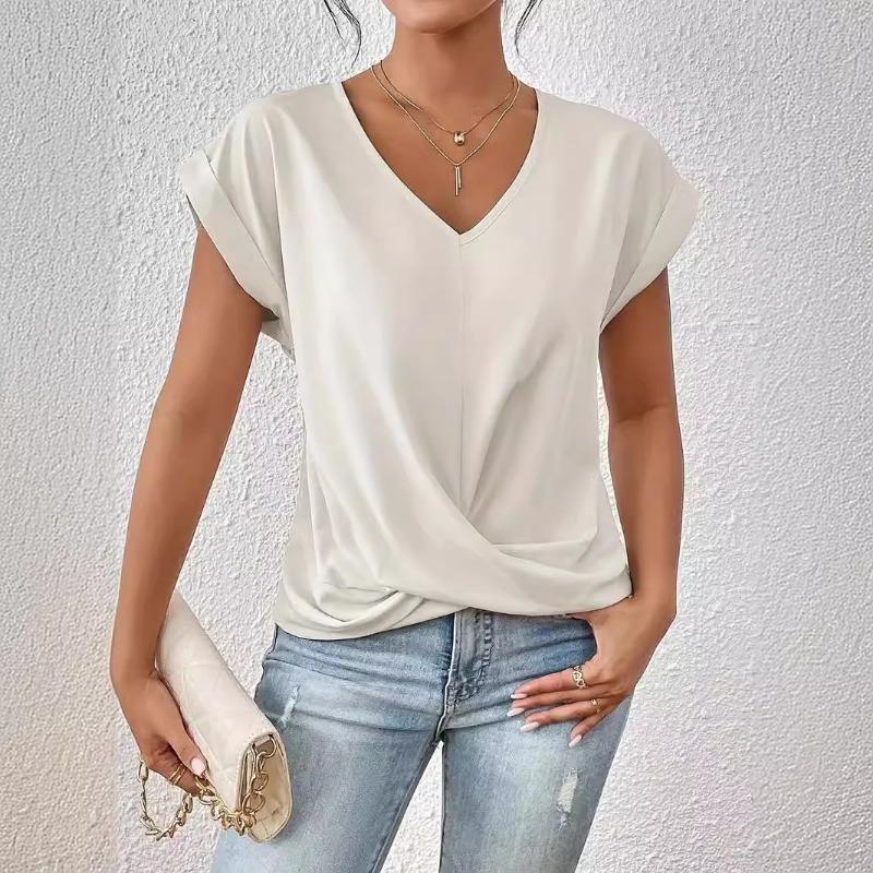 Autumn new products women's lightweight breathable V-neck T-shirt elegant knotted loose short-sleeved top women