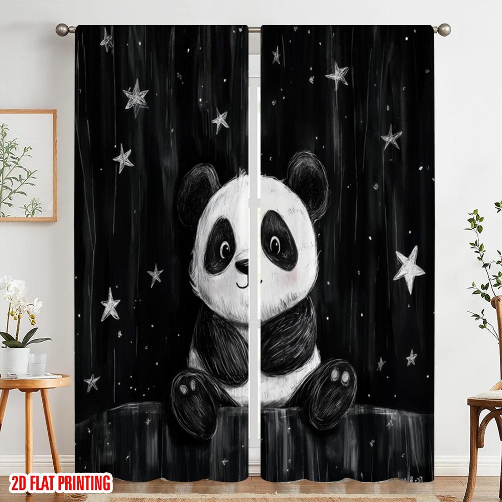 2pcs,2D Plane Printing Minimalist Curtains Starlit Panda 100% Polyester (without Rod) Holiday for Study, Living Room, Kitchen -