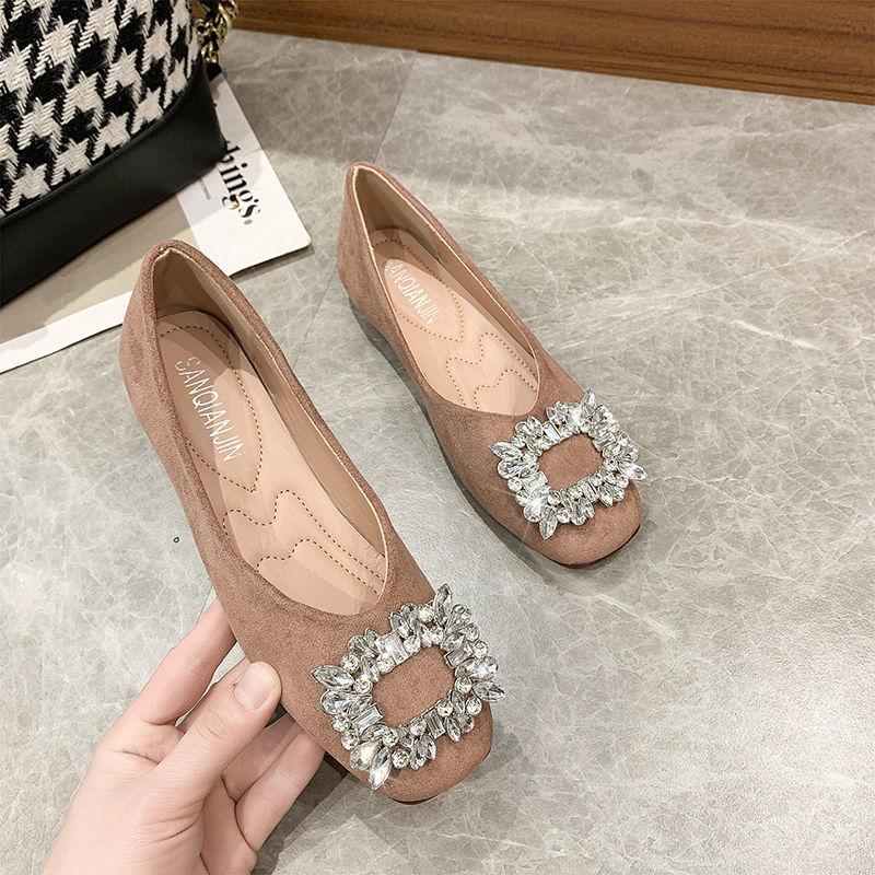 Single shoes women's spring 2025 new rhinestone square head shallow mouth flat bottom non-slip Internet celebrity fashion versatile gentle ladyshoes