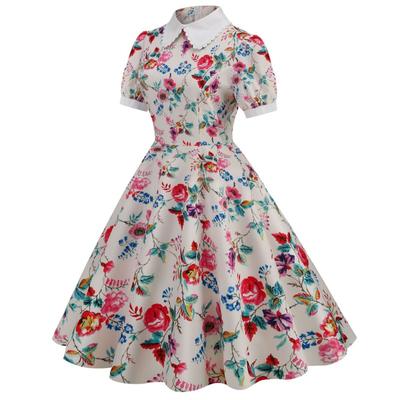 Women's Clothing New Product Bundle Neck Doll Collar Splicing Short Sleeve Printing Retro Medium and Long Dress