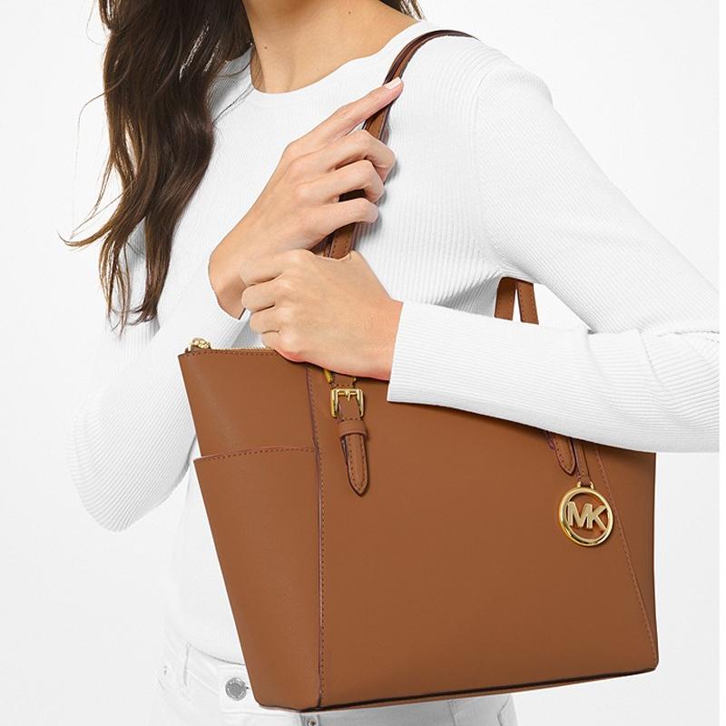 Michael Kors Mk Charlotte Vintage Solid Color Logo Pendant Large Capacity Leather Tote Bag Women tote bags Caramel-Brown 35T0GCFT7L-LUGGAGE