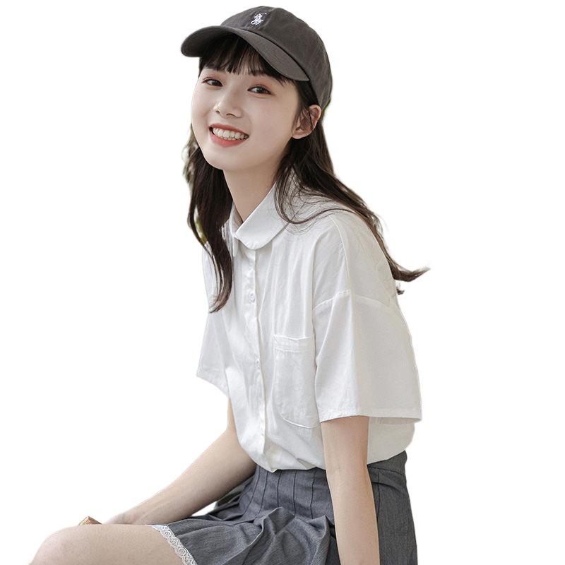 Biała damska letnia japońska koszula mundurkowa studencka o luźnym kroju z kołnierzykiem typu lalka