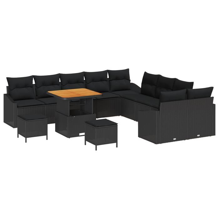 Ensemble de canapé de jardin 13 pièces avec coussins en poly rotin noir acacia, Canapé de jardin 2 places avec rangement 3364659
