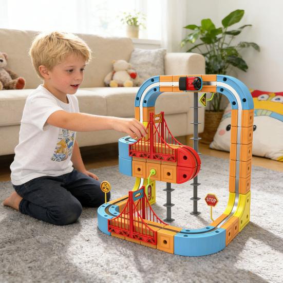 Yousheng 66/84 szt./zestaw Magnetyczny Zestaw Torów Kolejowych DIY Kostka Samochodzików Kolejka Grawitacyjna Elektryczna Kolejka Zabawka STEM dla Maluchów Chłopców Dziewczynek