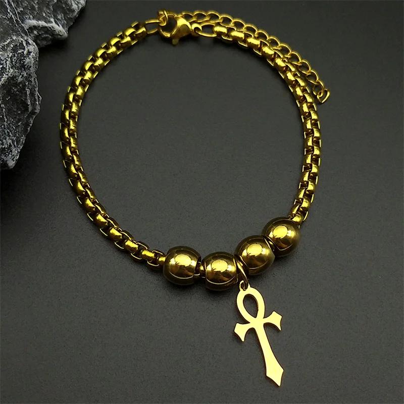 Bracelet Vintage Charm Amulet Talisman Ankh Cross Men Women Stainless Steel Egypt Egyptian Key Life Religious Jewelry Gift Hip Hop Rock Goth Gothic