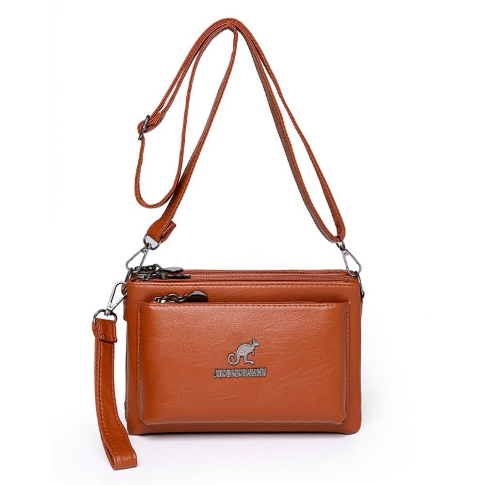 Retro Multiple Zip Pockets Shoulder Bag Soft Square Phone Bag PU Leather Crossbody Bag  Elderly
