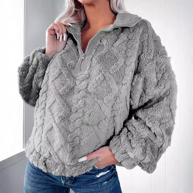 New Autumn Winter Simple Solid Color Half Zipper Stand Collar Loose Plush Pullover
