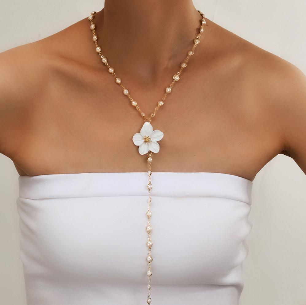 Y-Shaped Metal Beads Flower Necklace for Women Colorful Crystal Glass Long Tassel Collarbone Chain Shiny Choker Bohemian Zircon