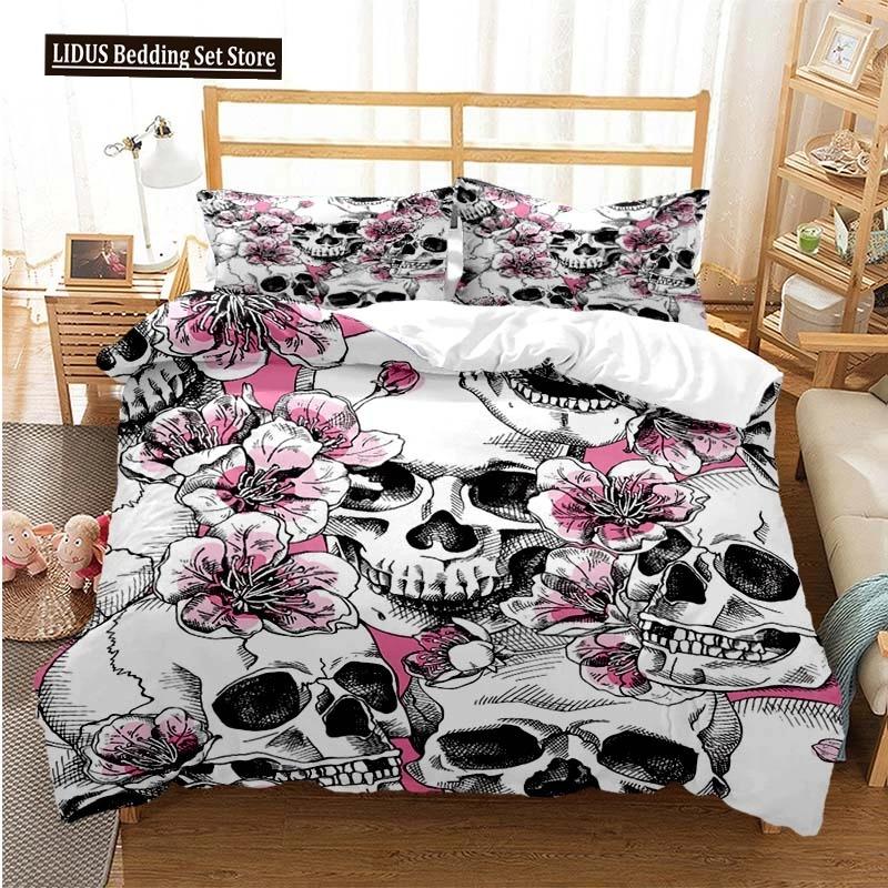 Sugar Skull Duvet Cover Set Queen Size Flowers Skeleton Bed Linen Double Bedding Set With Pillowcase King Size Skull Quilt Cover