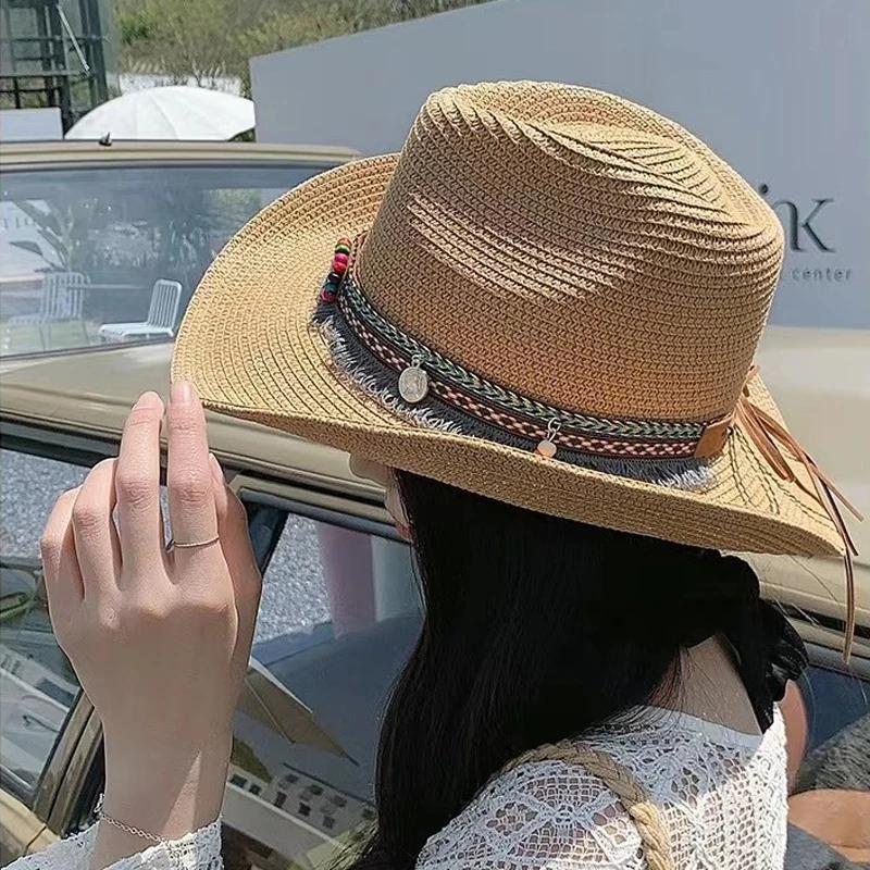 Western Cowboy Straw Hat Wide Brim UV Protection Summer Beach Bohemia Jazz Cap Unisex Breathable Outdoor Holiday Sun Hat
