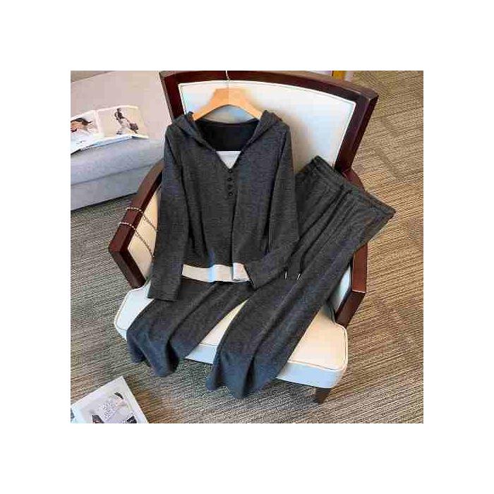 

Cozy Hooded Two-Piece Set - Top & Wide-Leg Pants for Plus Size Women - Casual Spring/Autumn Slimming Outfit XL темно-серого