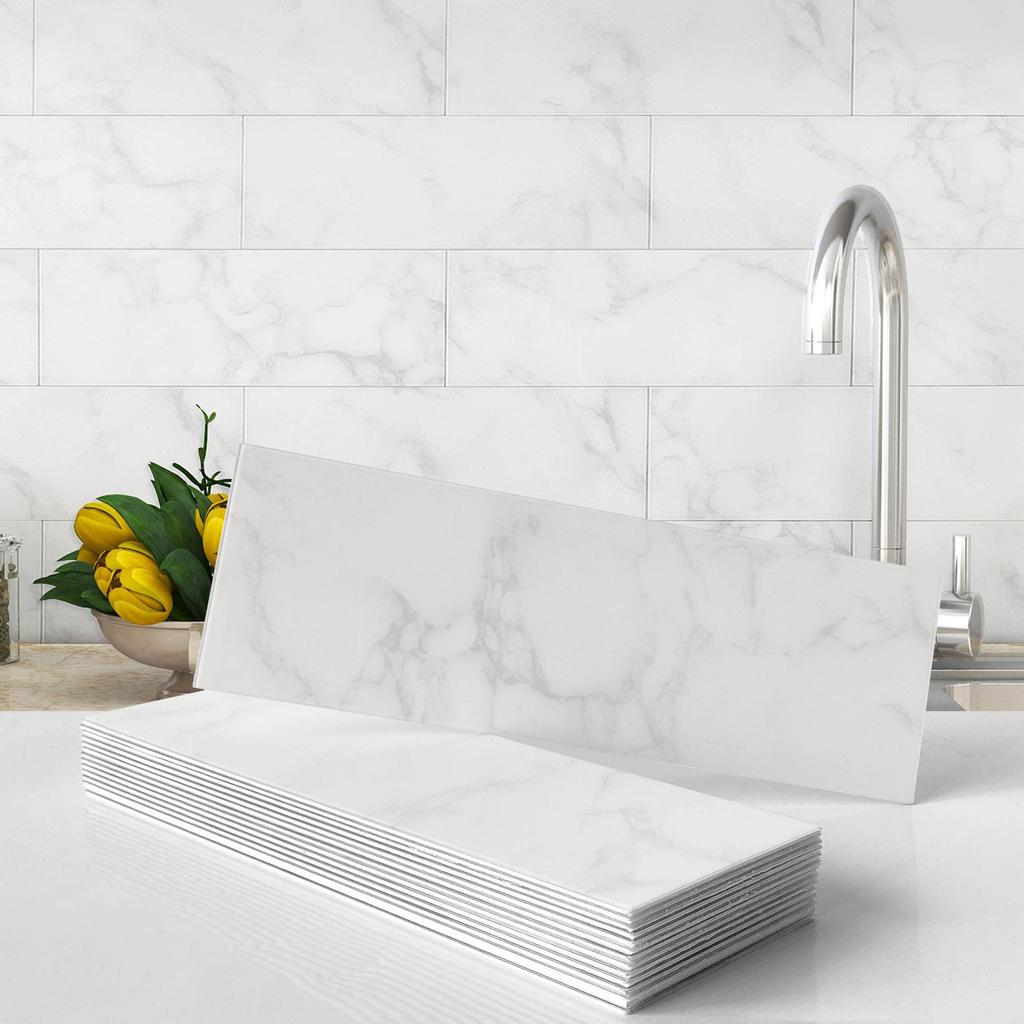 VAOVI Tile Kitchen Waterproofing Wall DIY Kitchen Bathroom 98x298mm Carrara Marble-Look Stickers, Sheet, Tiles, Panels, DIY, (16 Pieces, White)