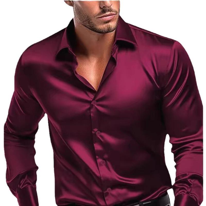 Men Burgundy Silky Satin Long Sleeve Casual Business Work Shirt