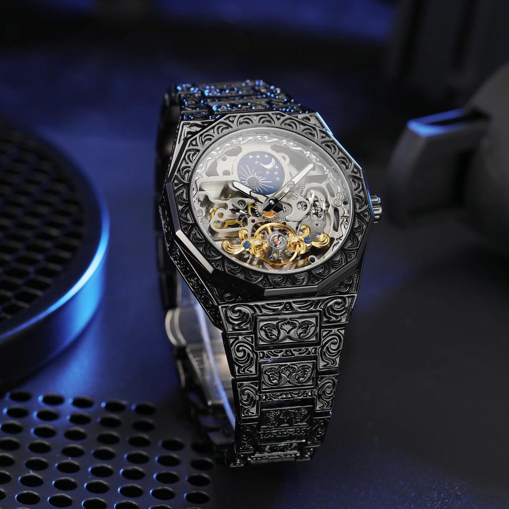 FORSINING Mens Luxury Engraving Wrist Watches Unique Tattoo Pattern Carved Stainless Steel Band Luminous Automatic Skeleton Watch