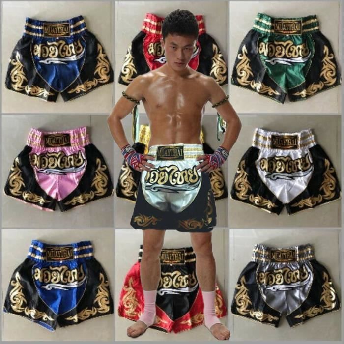 Short de Boxe - Traditionnel THAI - Noir et Rouge - Tailles Enfants et Adultes - 100% Satin Polyester