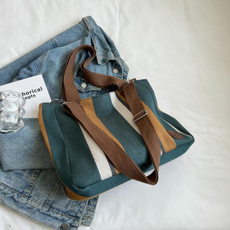 Big Bag Women's Bag 2025 New Fashion Contrasting Color Striped Canvas Commuter Tote Bag Trendy Underarm Shoulder Bag