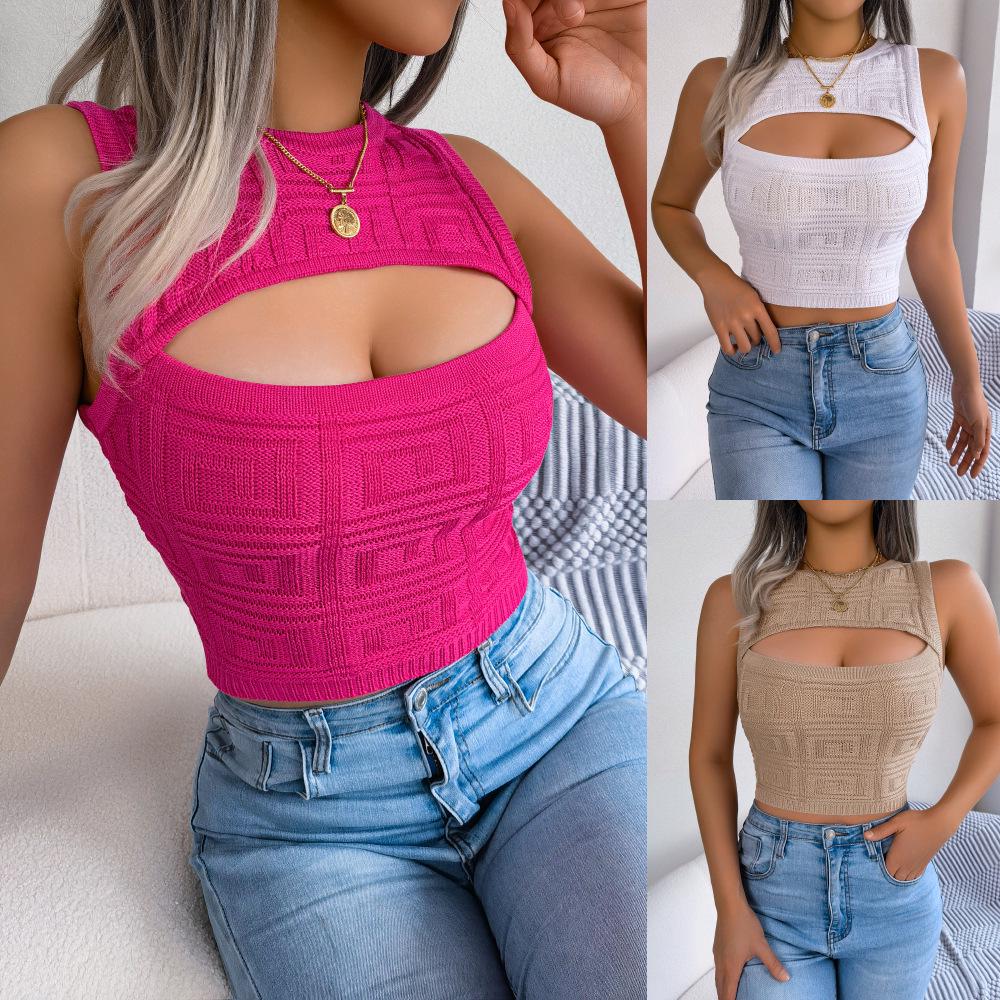 Europäisch-Amerikanischer Stil Sexy Ausgeschnitten Ärmellos Schlank Geschnitten Crop Top Strickware für Damen