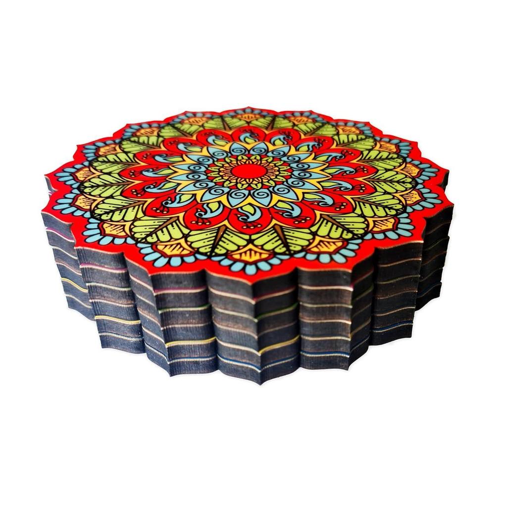 Pine Set mit 6 Mandala-Untersetzern, 10,2 cm, einzigartige handgefertigte Designs, Blumenform, 10 cm Durchmesser