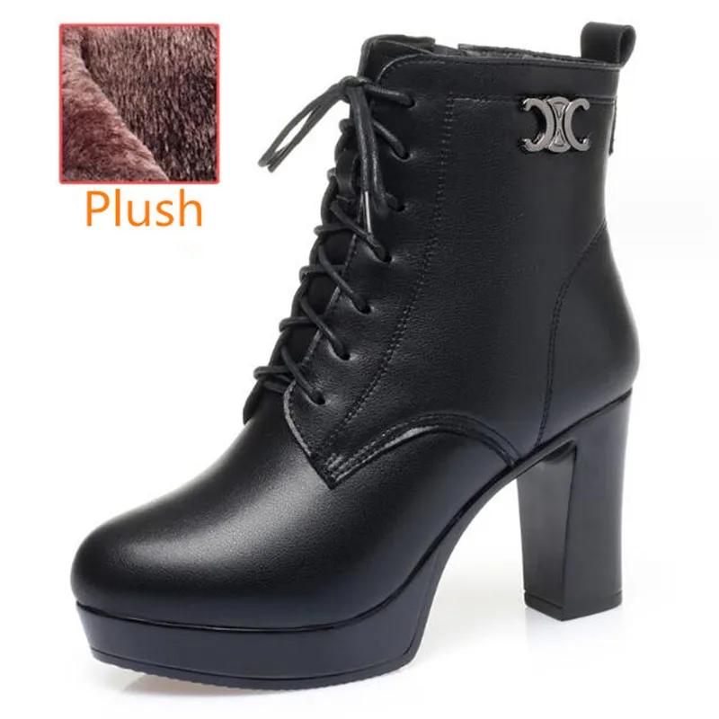 Women Genuine Leather Ankle Boots 2025 Autumn Winter Thick Wool Comfortable Thick High Heels Women Snow Boots Platform Shoes