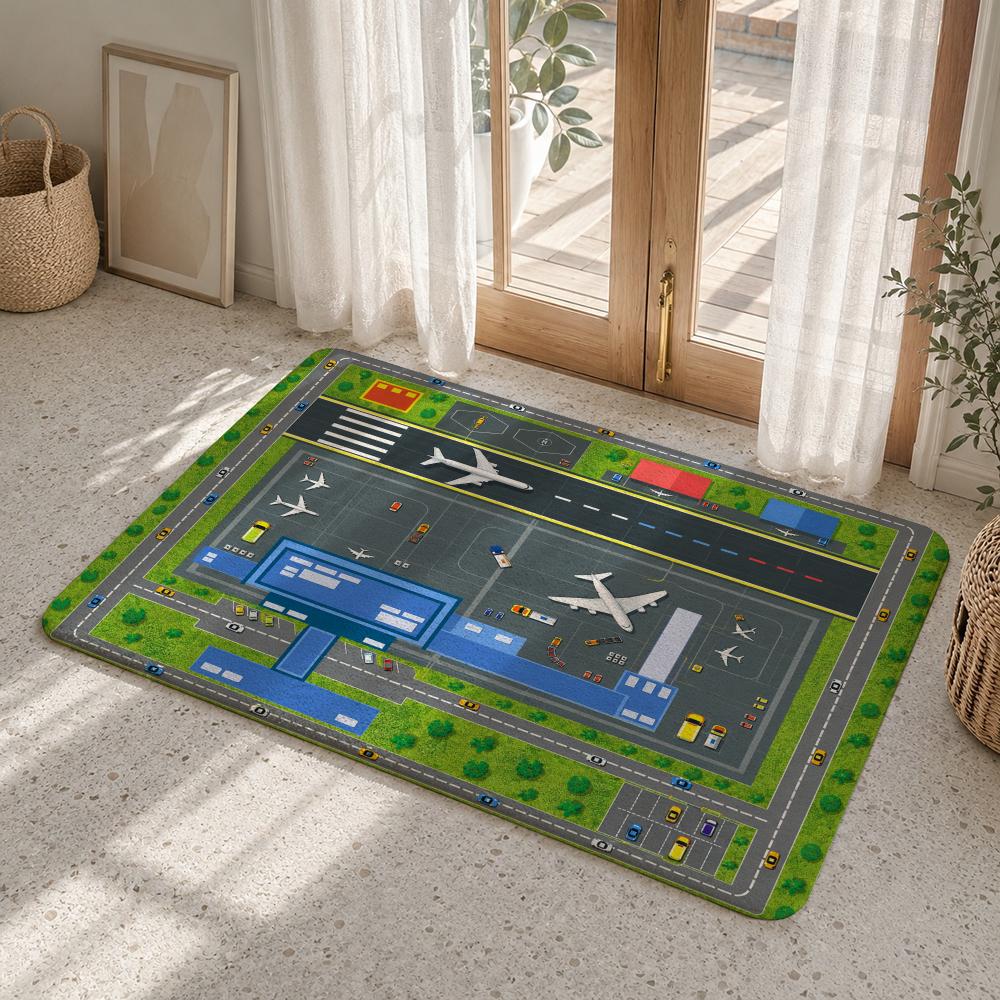 Airport Runway Plane Scenes Floor Mat Flannel Rug Soft Non Slip Washable Door Mat For Bathroom Bedroom Kitchen Home Decor