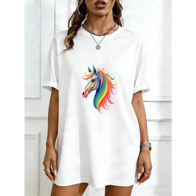 Übergroßes T-Shirt Schwarz Regenbogenpferd-Print Lässige Kleidung Für Damen Sommer Mode Statement-Stück Street Style Oberteil