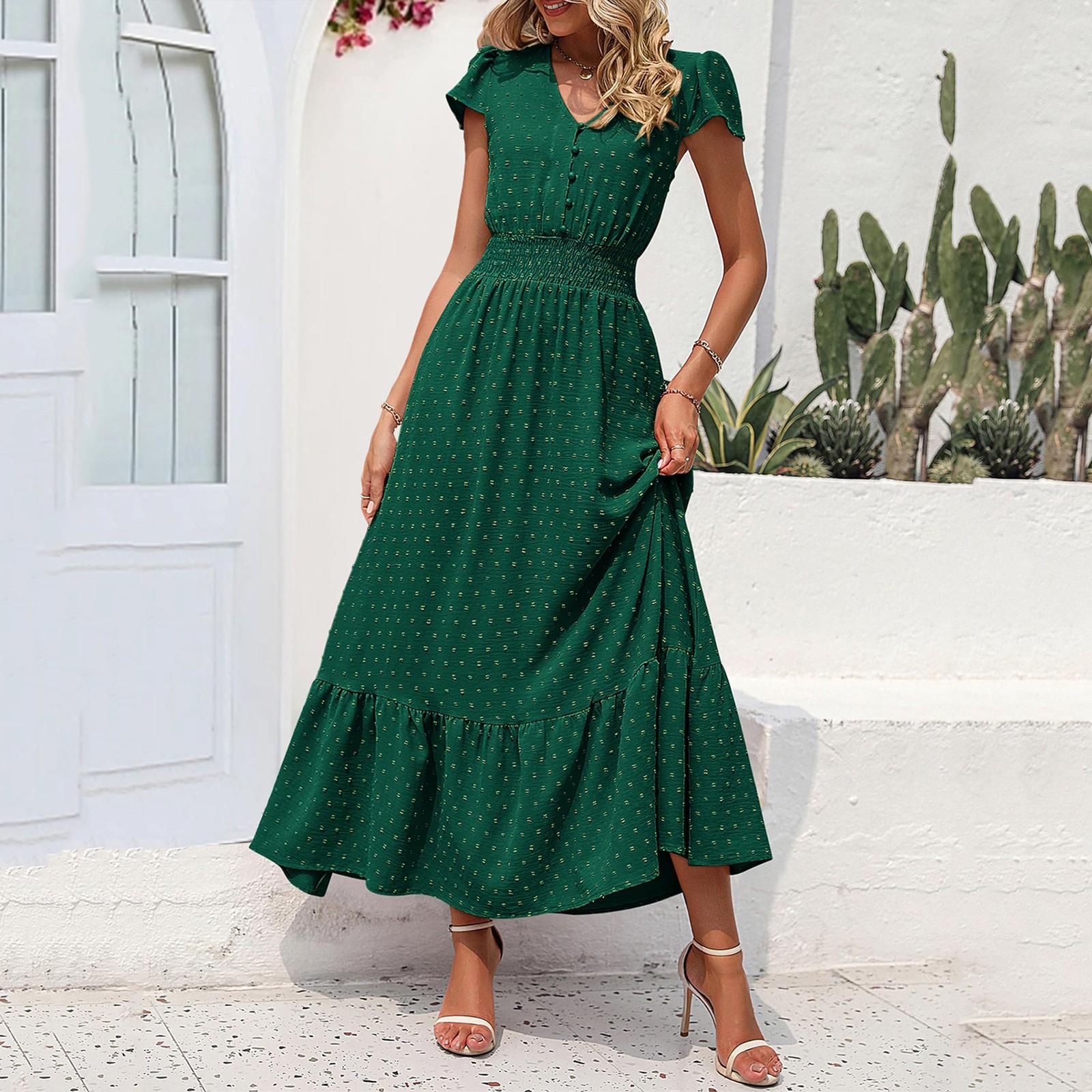 

Women s Summer Fashion Loose Button V-Neck Short Sleeve Solid Color Dresses XL